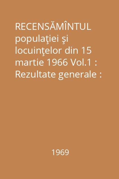 RECENSĂMÎNTUL populaţiei şi locuinţelor din 15 martie 1966 Vol.1 : Rezultate generale : Partea 1 : Populaţie