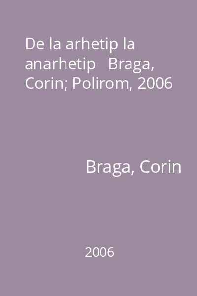 De la arhetip la anarhetip   Braga, Corin; Polirom, 2006