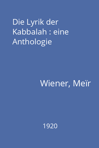 Die Lyrik der Kabbalah : eine Anthologie