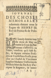 Journal Des Choses Memorables Advenues Durant Tout Le Regne De Henry III Roy De France Et De Pologne