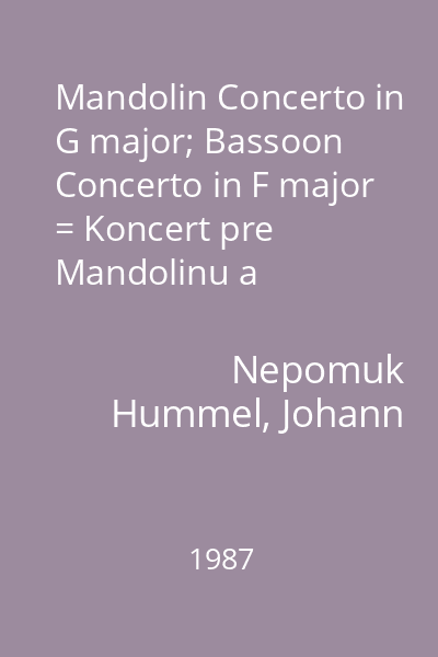 Mandolin Concerto in G major; Bassoon Concerto in F major = Koncert pre Mandolinu a Orchester G Dur; Koncert pre Fagot a Orchester F Dur
