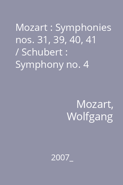 Mozart : Symphonies nos. 31, 39, 40, 41 / Schubert : Symphony no. 4