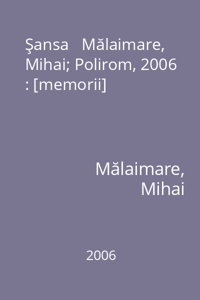 Şansa   Mălaimare, Mihai; Polirom, 2006 : [memorii]