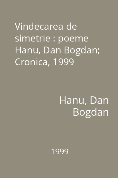 Vindecarea de simetrie : poeme Hanu, Dan Bogdan; Cronica, 1999